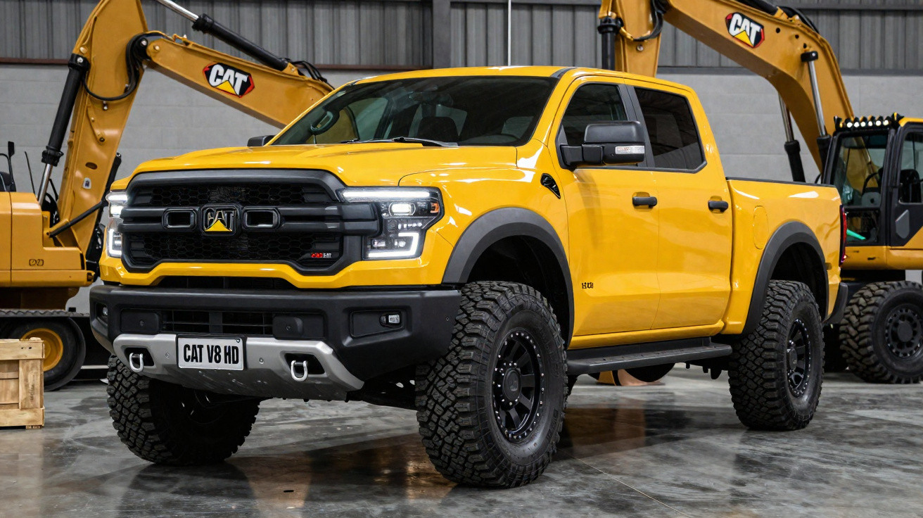 Caminhão pick-up amarelo CAT V8 HD estacionado em oficina com escavadoras amarelas ao fundo.
