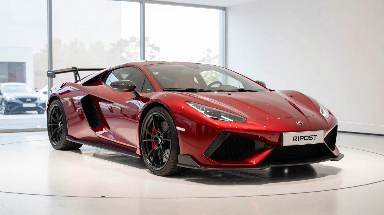 Carro desportivo vermelho brilhante com detalhes pretos, rodas pretas e spoiler traseiro, em exposição interior.