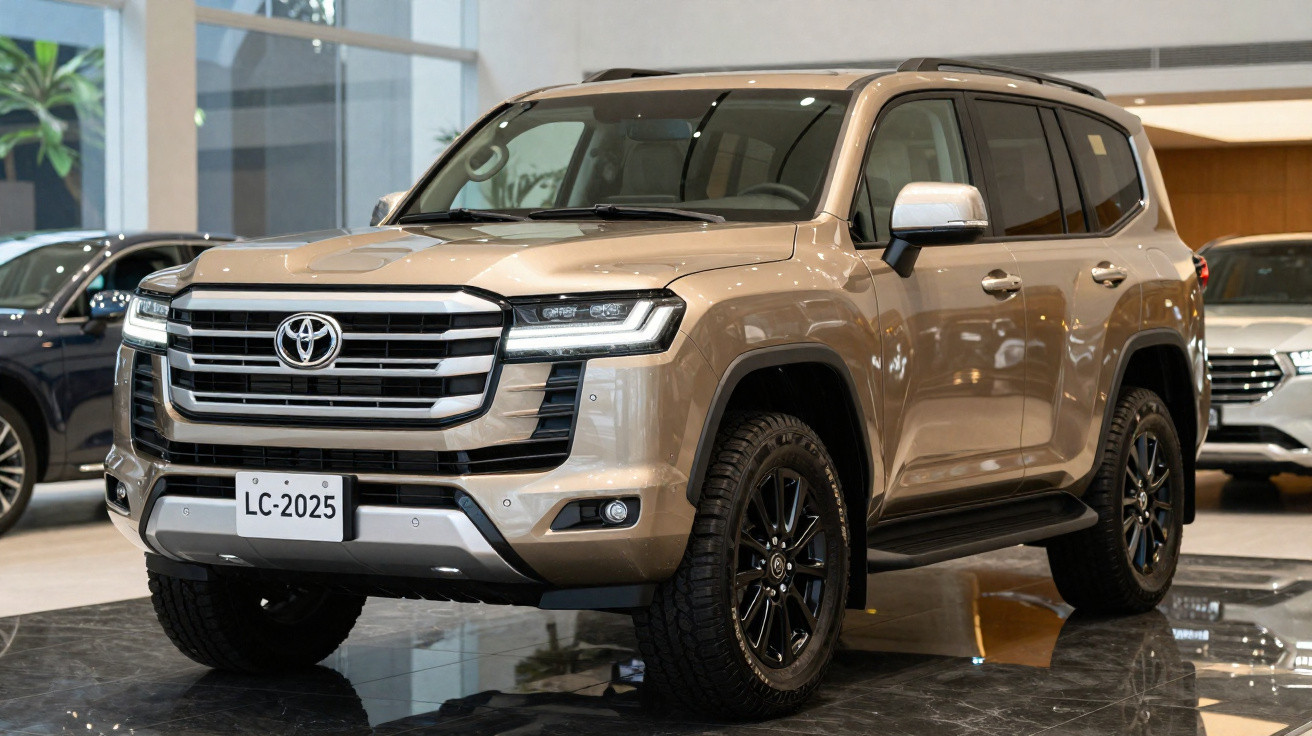 SUV Toyota Land Cruiser bege estacionado em salão de automóveis moderno.