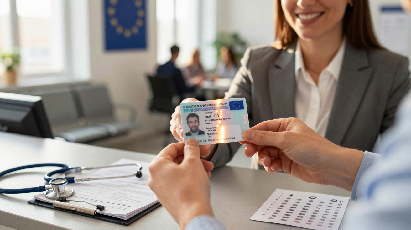 Pessoa a mostrar cartão de identidade europeu a profissional num consultório médico.