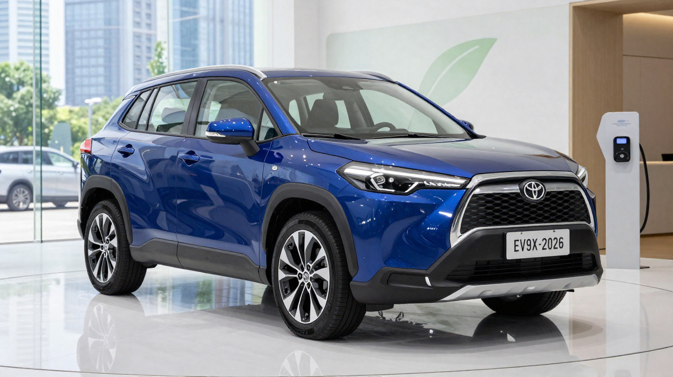 Carro SUV elétrico Toyota azul em exposição, com estação de carregamento junto na sala moderna e luminosa.