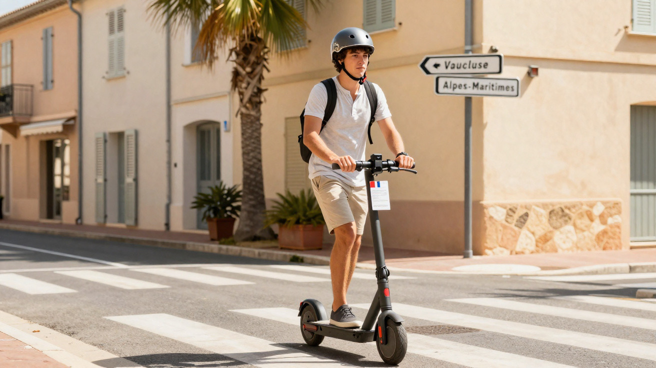 Jovem com capacete anda de trotinete elétrica numa passadeira numa rua com placa de direção em França.