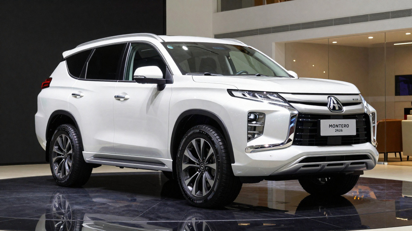 SUV branco Mitsubishi Montero 2024 estacionado em ambiente interior moderno e iluminado.