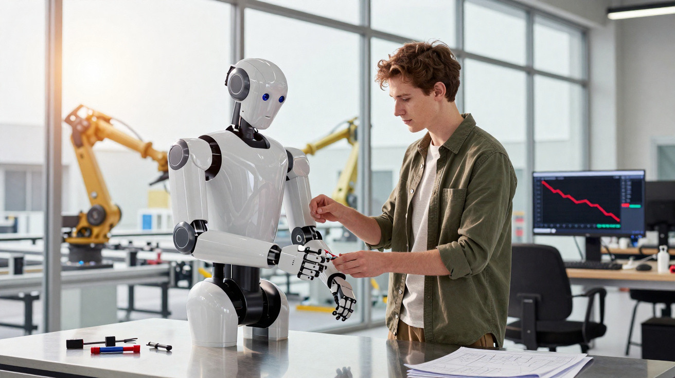 Jovem trabalha na montagem de um robô humanoide num laboratório de robótica com braços robóticos ao fundo.
