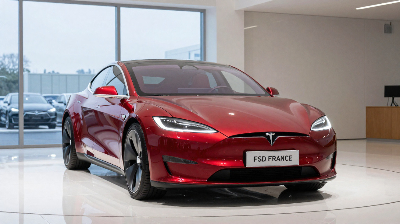 Carro elétrico Tesla Model S vermelho exposado numa sala iluminada com chão branco e janelas grandes.