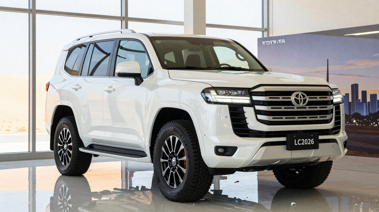 SUV Toyota Land Cruiser 2026 branco em exposição num showroom moderno com chão espelhado.