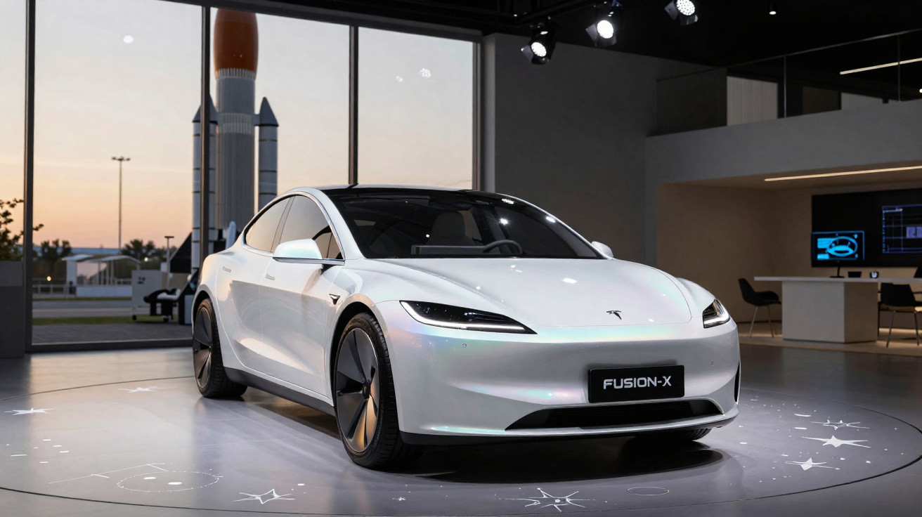 Carro elétrico branco Tesla Fusion-X em exposição num espaço moderno com janelas grandes e foguete ao fundo.