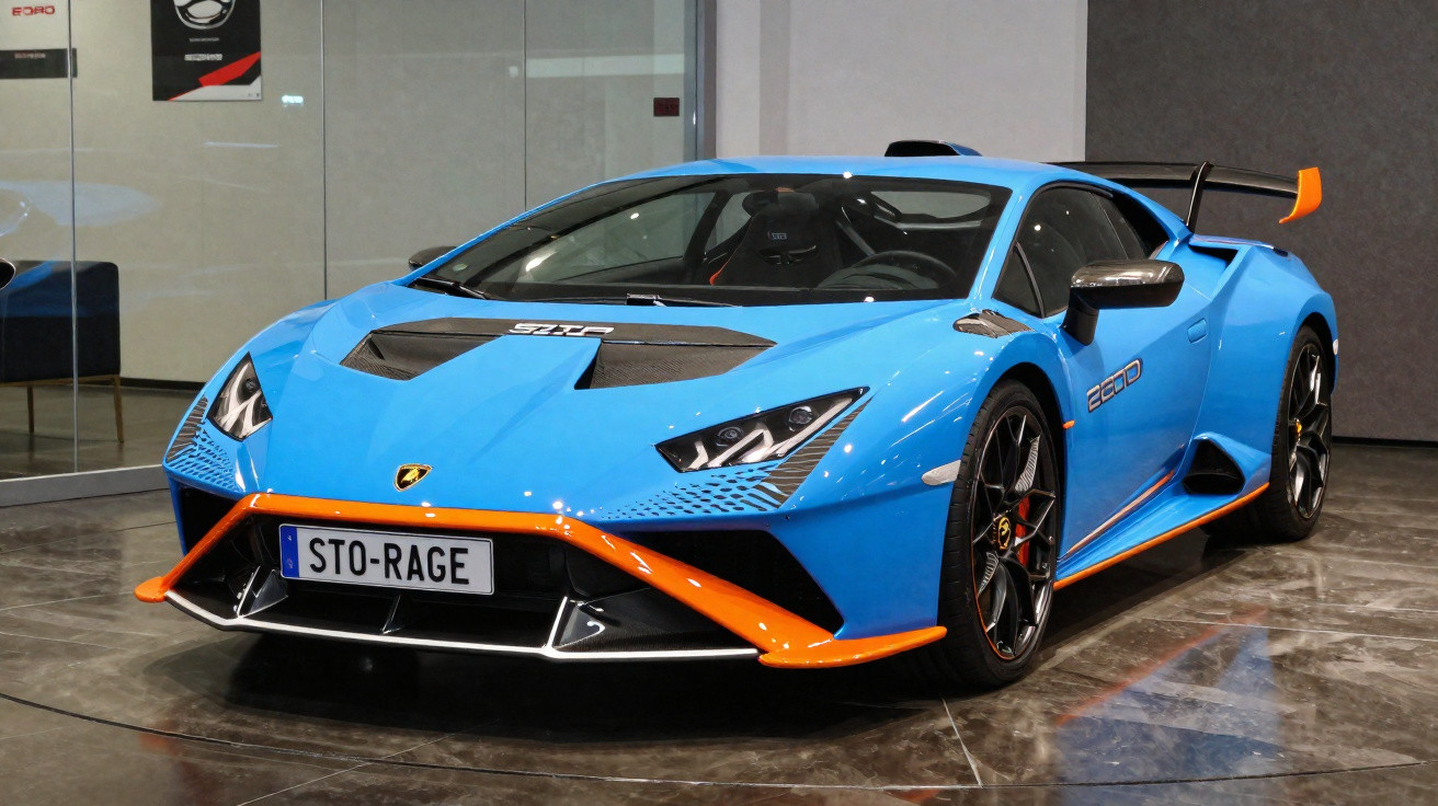 Carro desportivo Lamborghini azul com detalhes laranja estacionado em interior moderno.