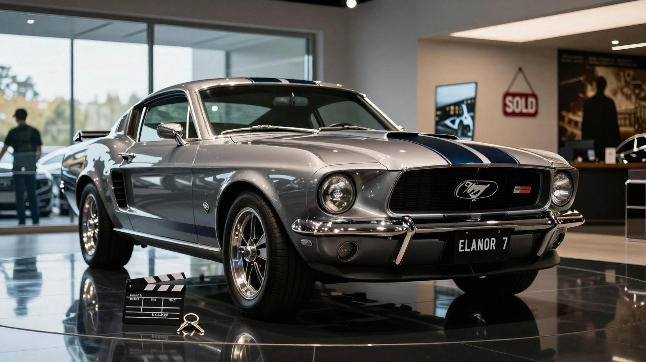 Carro clássico Mustang cinzento com riscas azuis exposto num salão de automóveis moderno.