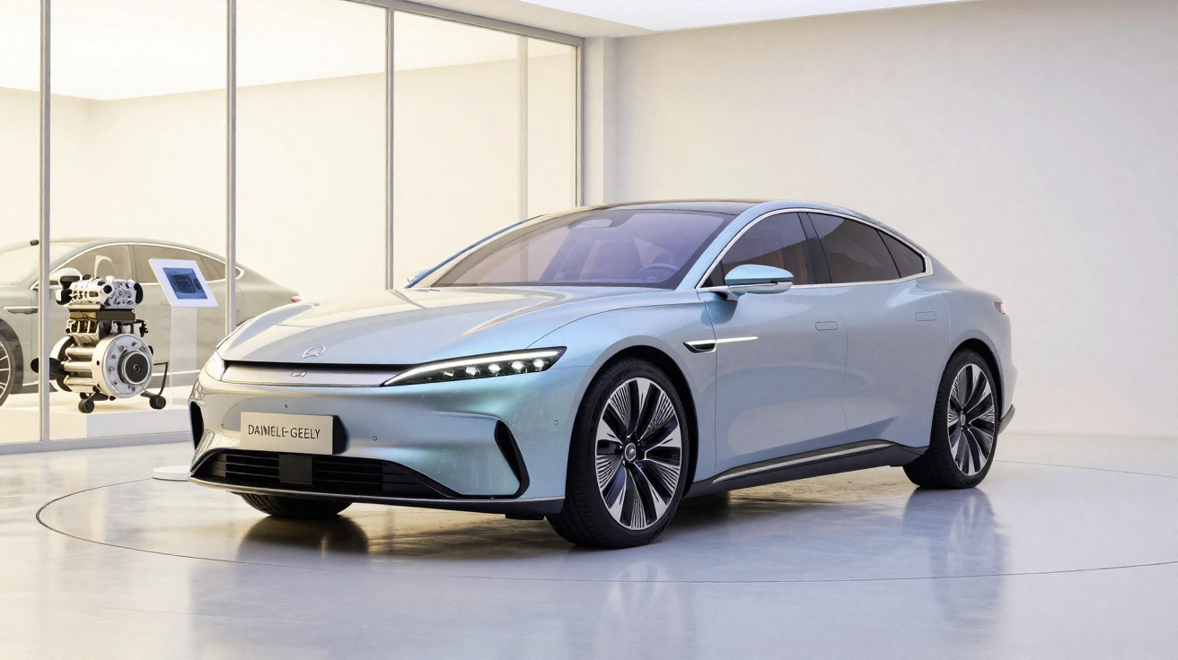 Carro elétrico azul claro estacionado em espaço branco minimalista com teto envidraçado.