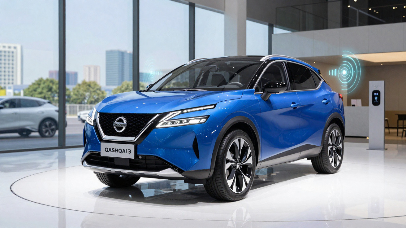 Carro Nissan Qashqai 3 azul exibido numa sala moderna com janelas grandes e reflexos no chão branco.