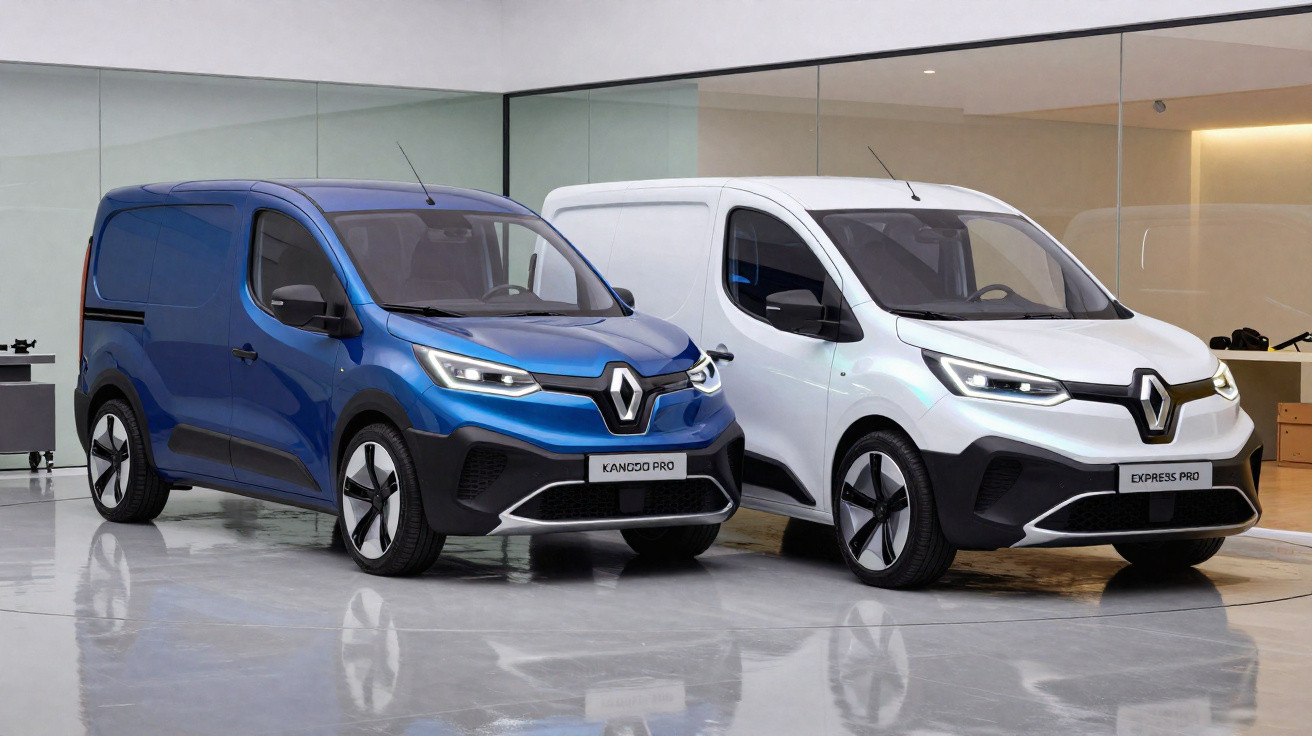Duas carrinhas comerciais Renault, azul e branca, estacionadas em piso brilhante dentro de um edifício moderno.