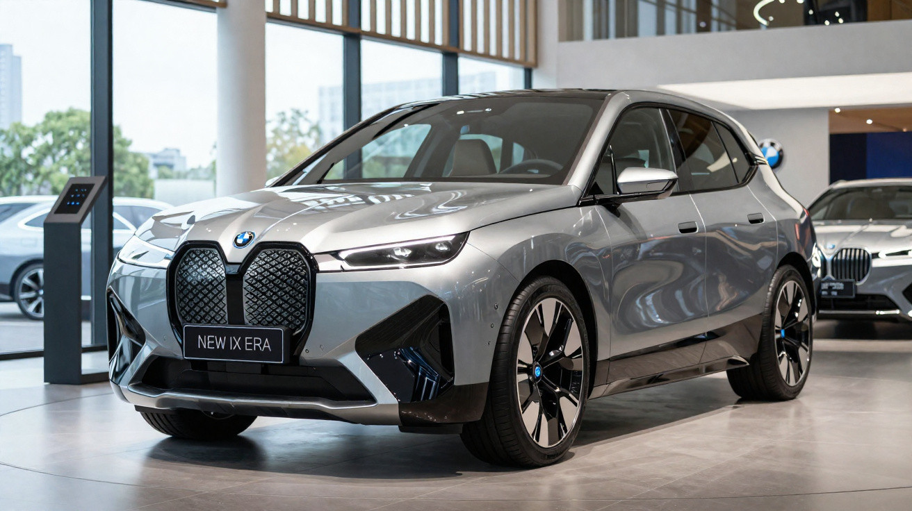BMW New iX ERA prateado exposto em showroom moderno com janelas grandes.