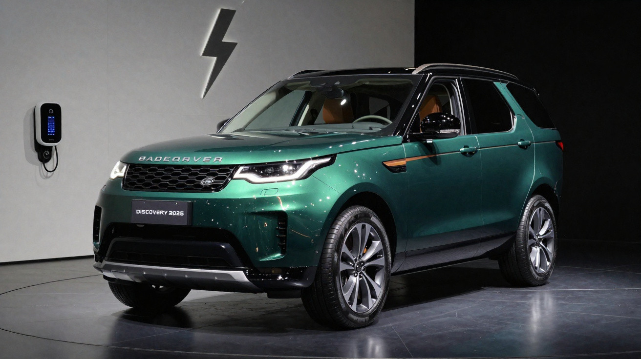 SUV eléctrico verde metálico Badcarver Discovery 2025 estacionado em sala com parede cinza e carregador elétrico.