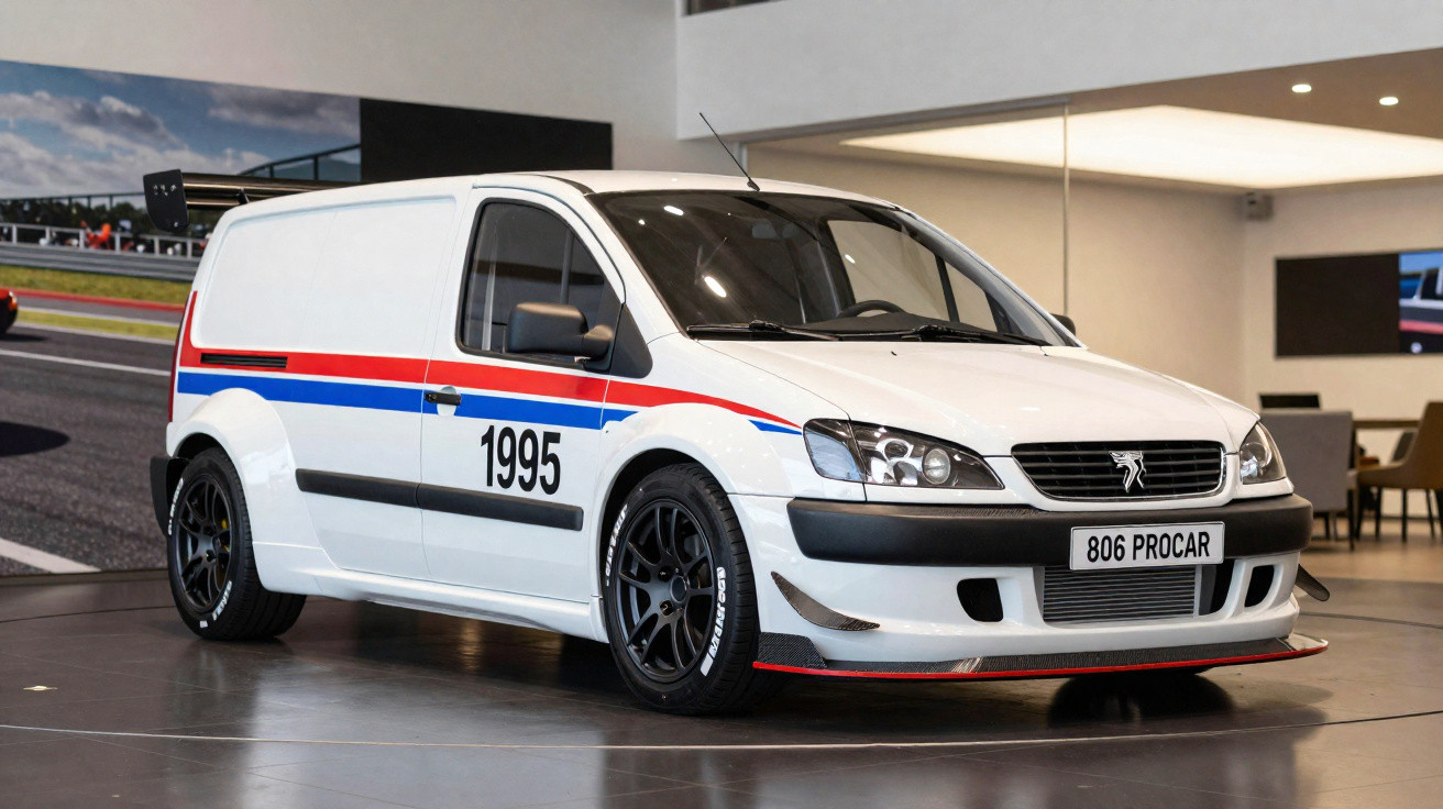 Carro branco Peugeot 806 Procar de 1995 com faixas vermelha e azul exposto em ambiente interior.