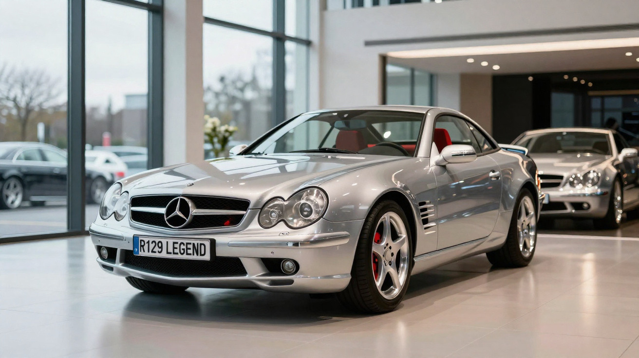 Carro desportivo Mercedes-Benz clássico prateado numa exposição interior com janelas grandes.