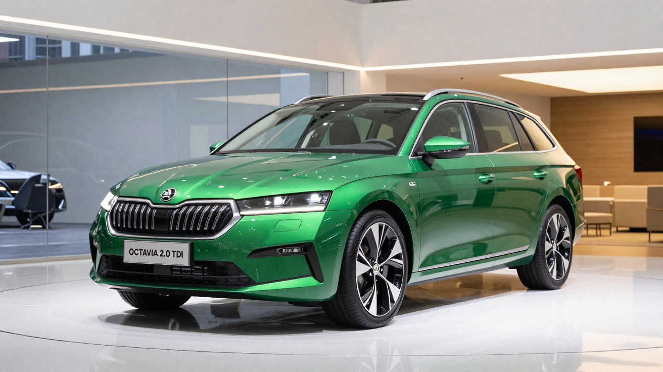 Carro familiar verde metálico Skoda Octavia 2.0 TDI em exposição interior moderna e iluminada.