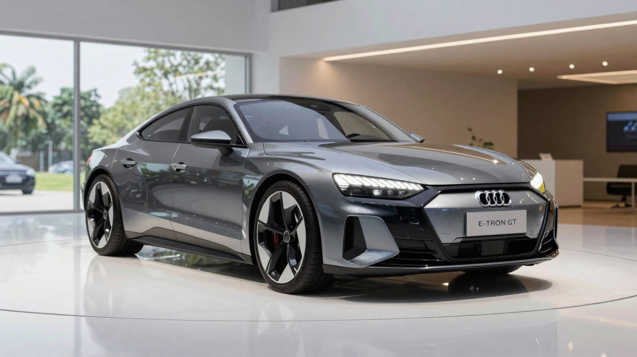 Carro elétrico Audi E-Tron GT cinzento exposto em showroom moderno com vidro panorâmico.