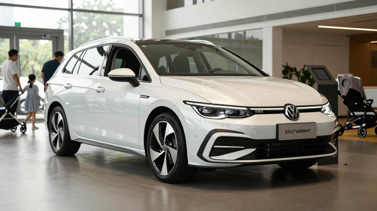Carro Volkswagen Golf Variant branco exposto em salão com pessoas e carrinhos ao fundo.