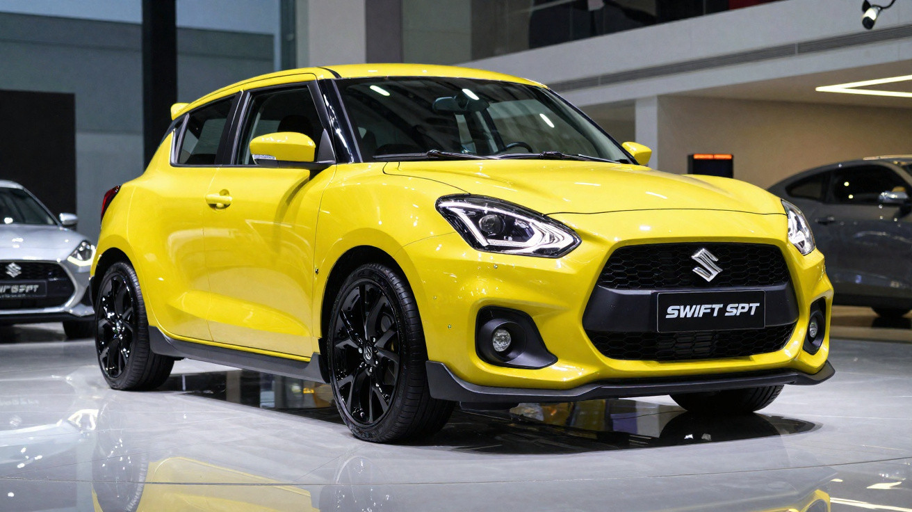 Carro desportivo Suzuki Swift SPT amarelo exposto em salão automóvel.