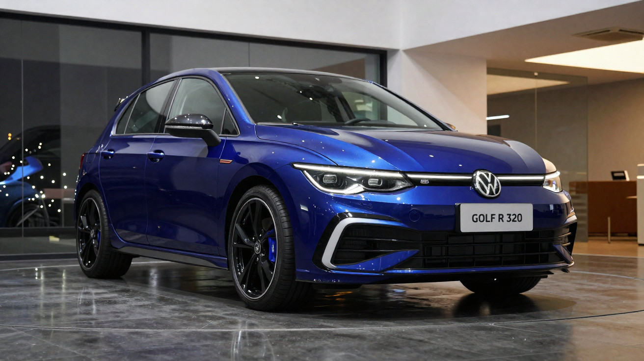 Carro azul Volkswagen Golf R 320 estacionado em interior moderno, com jantes pretas e detalhes em azul.
