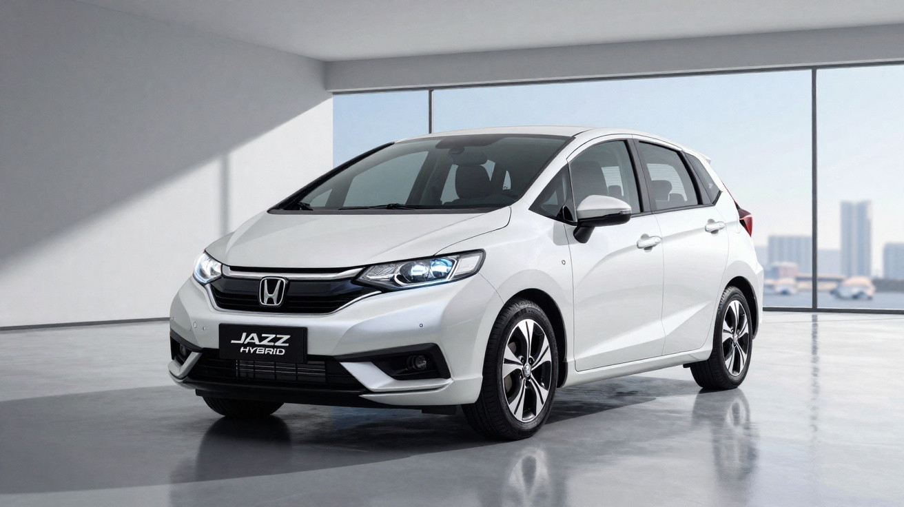 Automóvel Honda Jazz Hybrid branco, estacionado em espaço amplo com grandes janelas e luz natural.