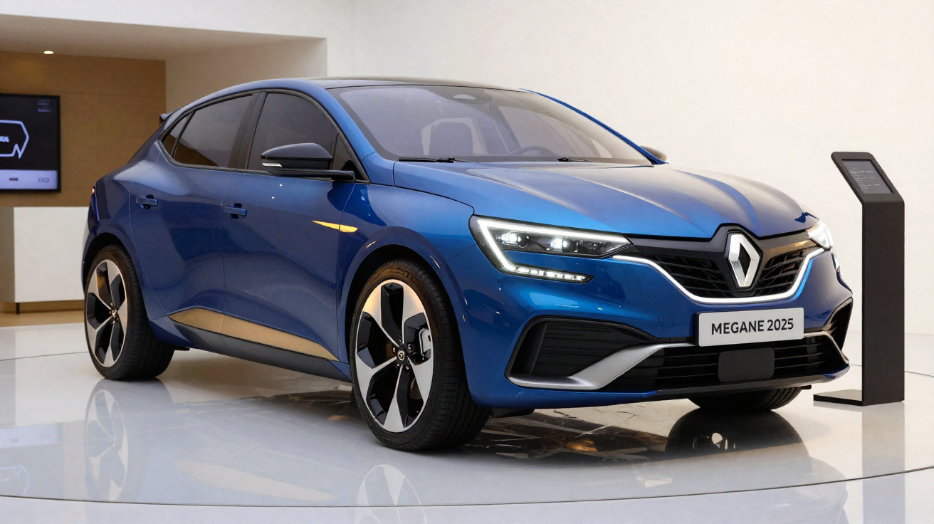 Carro azul Renault Megane 2025 exposto em interior moderno com chão brilhante.