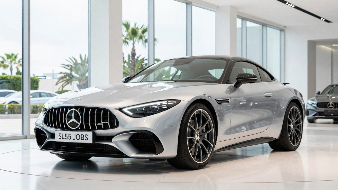 Carro desportivo Mercedes-Benz prata estacionado dentro de um showroom moderno com janelas panorâmicas.