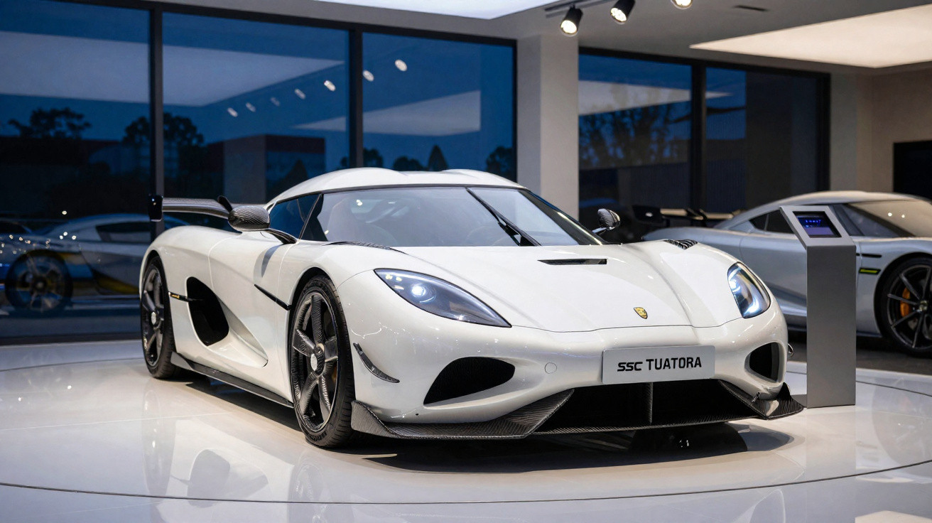 Carro desportivo branco SSC Tuatara exposto num showroom moderno com chão brilhante.