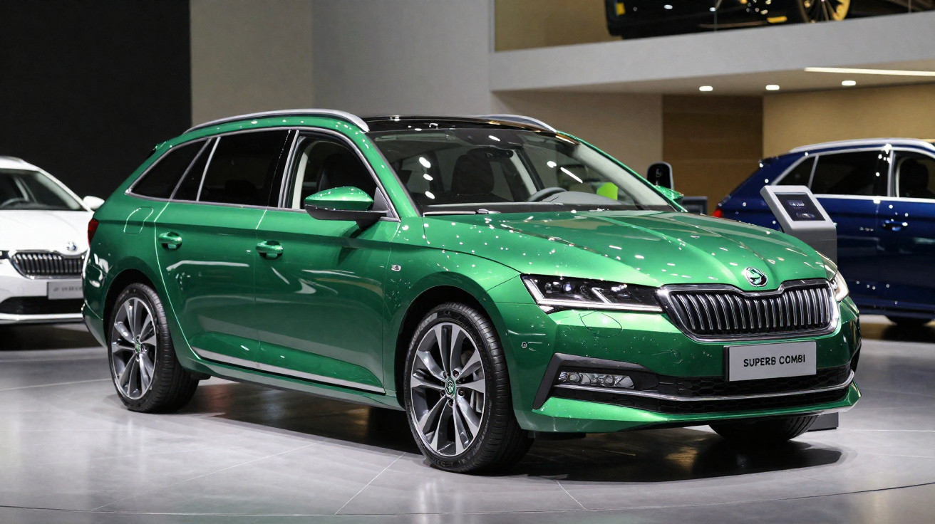 Carro verde metálico Skoda Superb Combi exibido em salão automóvel, vista frontal direita.