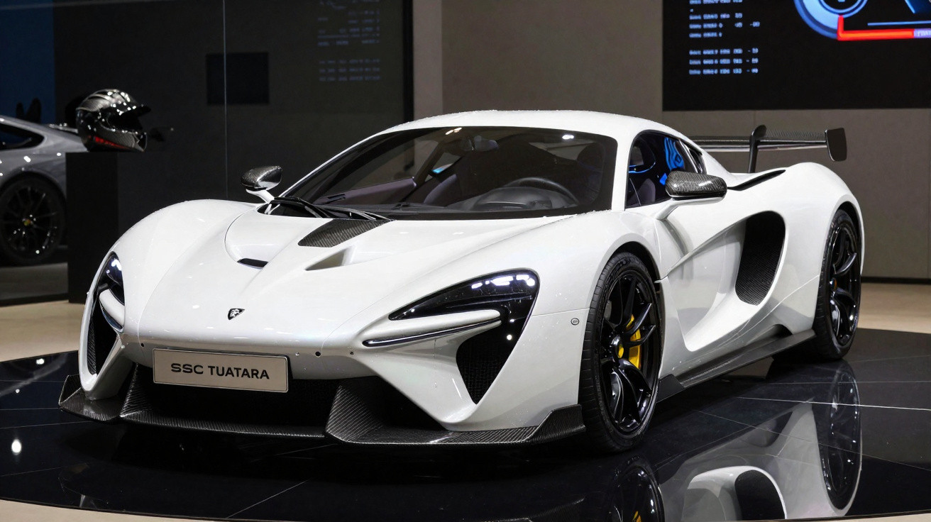 Carro desportivo branco SSC Tuatara exposto em salão automóvel com rodas pretas e detalhes em fibra carbono.