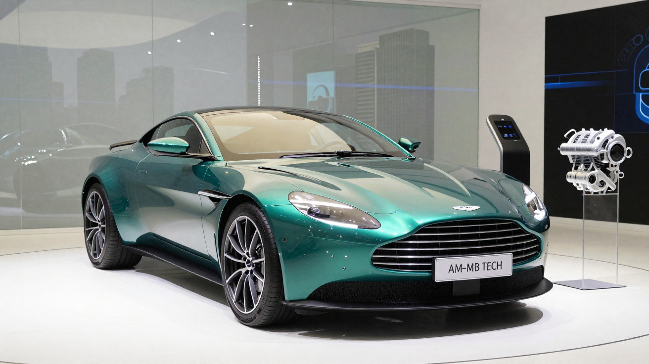 Carro desportivo verde metálico Aston Martin exposto em ambiente moderno com motor ao lado.