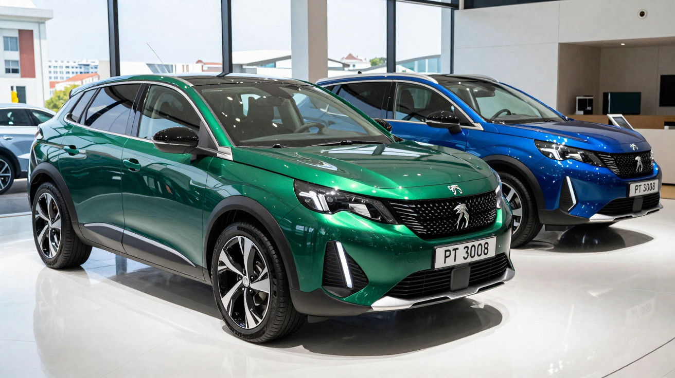 Dois carros SUV Peugeot, um verde e outro azul, em exibição numa sala ampla com janelas grandes.