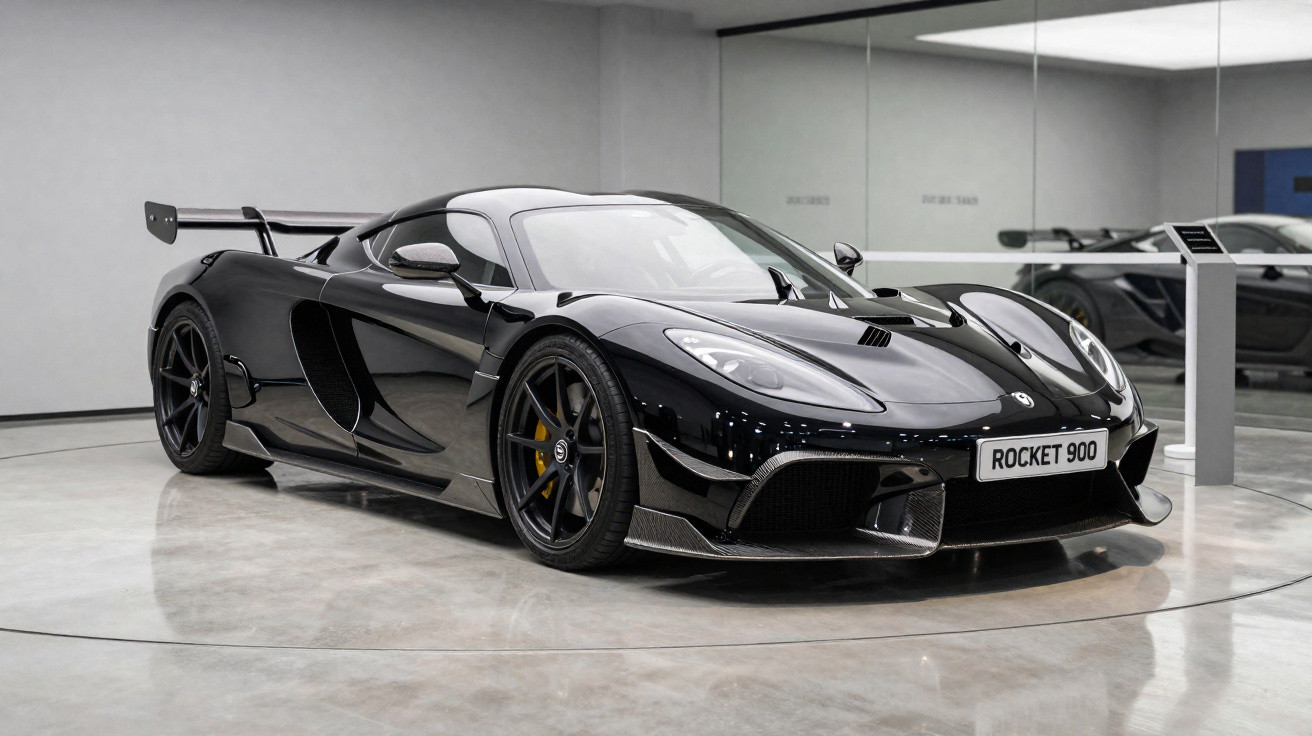 Carro desportivo preto com design aerodinâmico e asa traseira exposta num espaço moderno e minimalista.