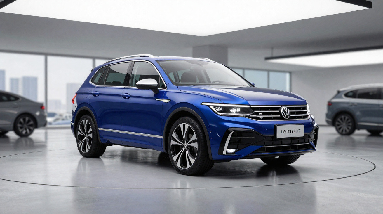 Automóvel Volkswagen Tiguan azul em exposição numa sala moderna com piso cinzento e paredes de vidro.
