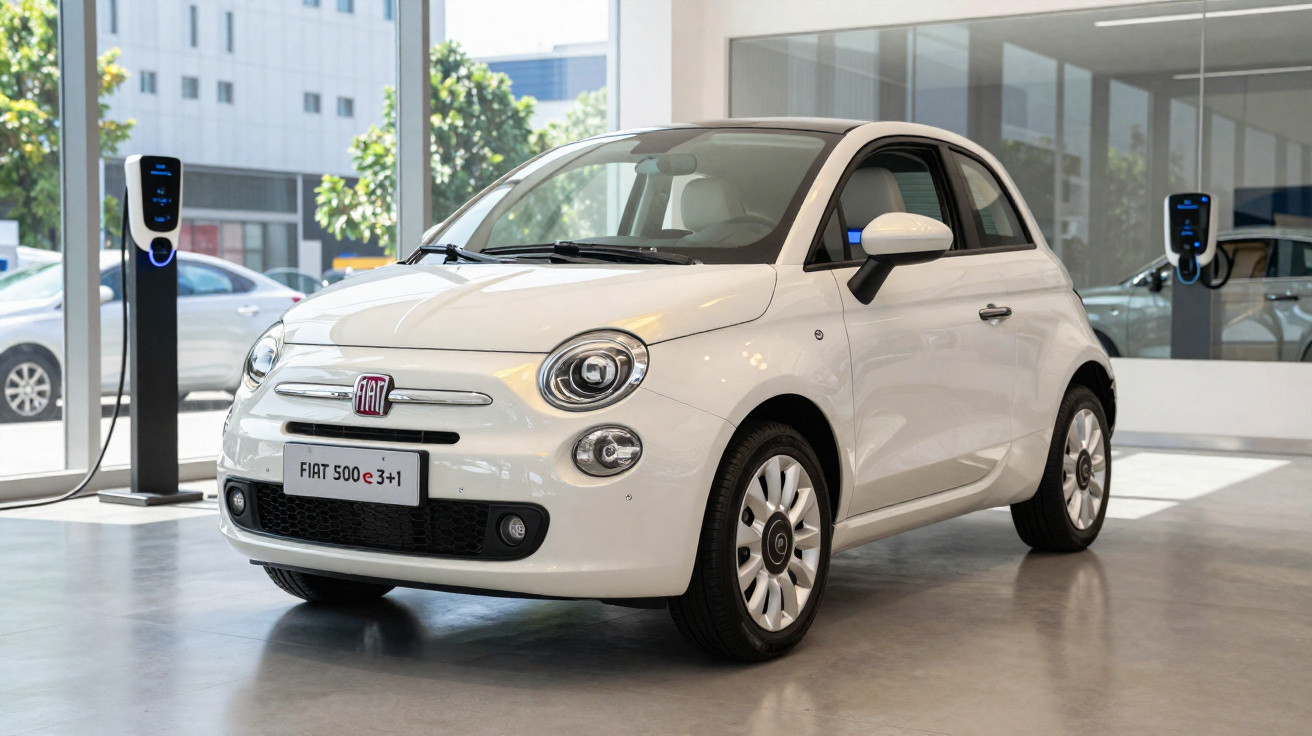 Fiat 500 branco elétrico estacionado em showroom com posto de carregamento elétrico ao lado.