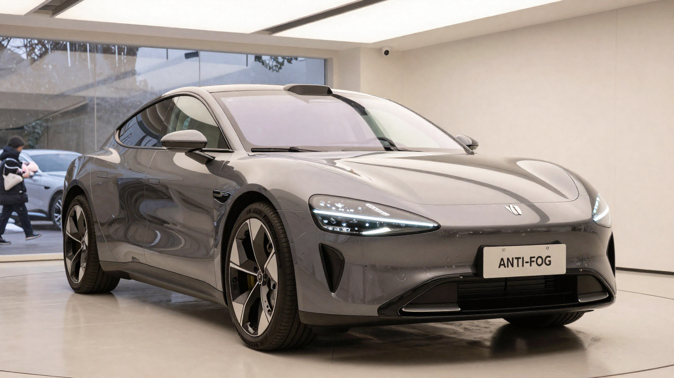 Carro desportivo cinzento estacionado em espaço interior moderno com luz suave e placa ANTI-FOG.