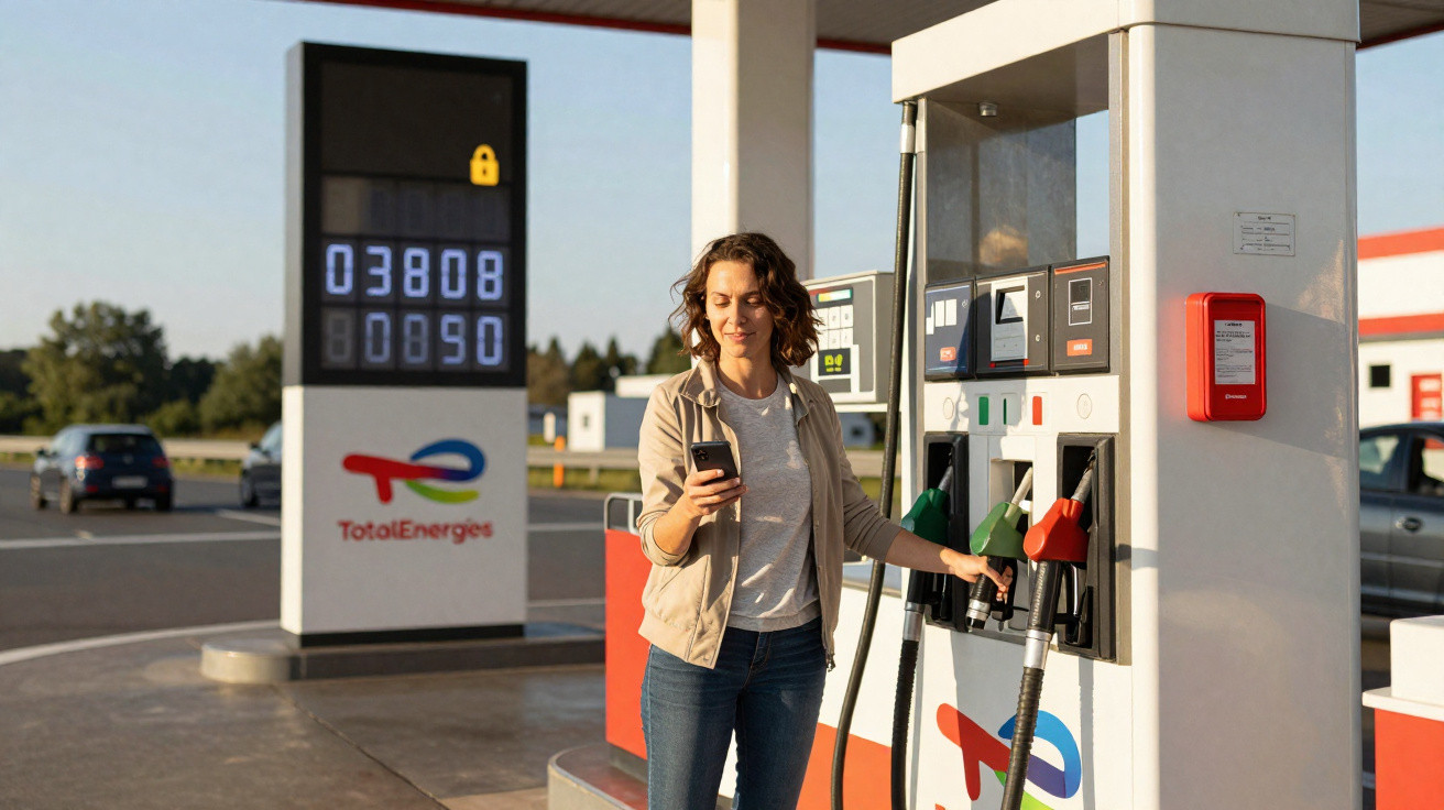 Mulher a abastecer carro numa bomba de gasolina numa estação TotalEnergies, consultando o telemóvel.