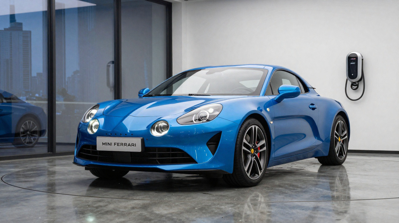 Carro desportivo azul estacionado numa garagem moderna com estação de carregamento elétrico na parede.