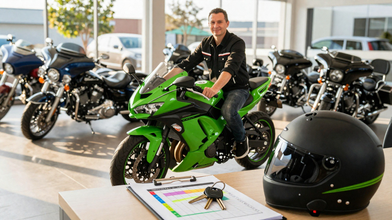 Homem sentado numa mota verde numa loja de motos, com capacete preto e chave na mesa em primeiro plano.