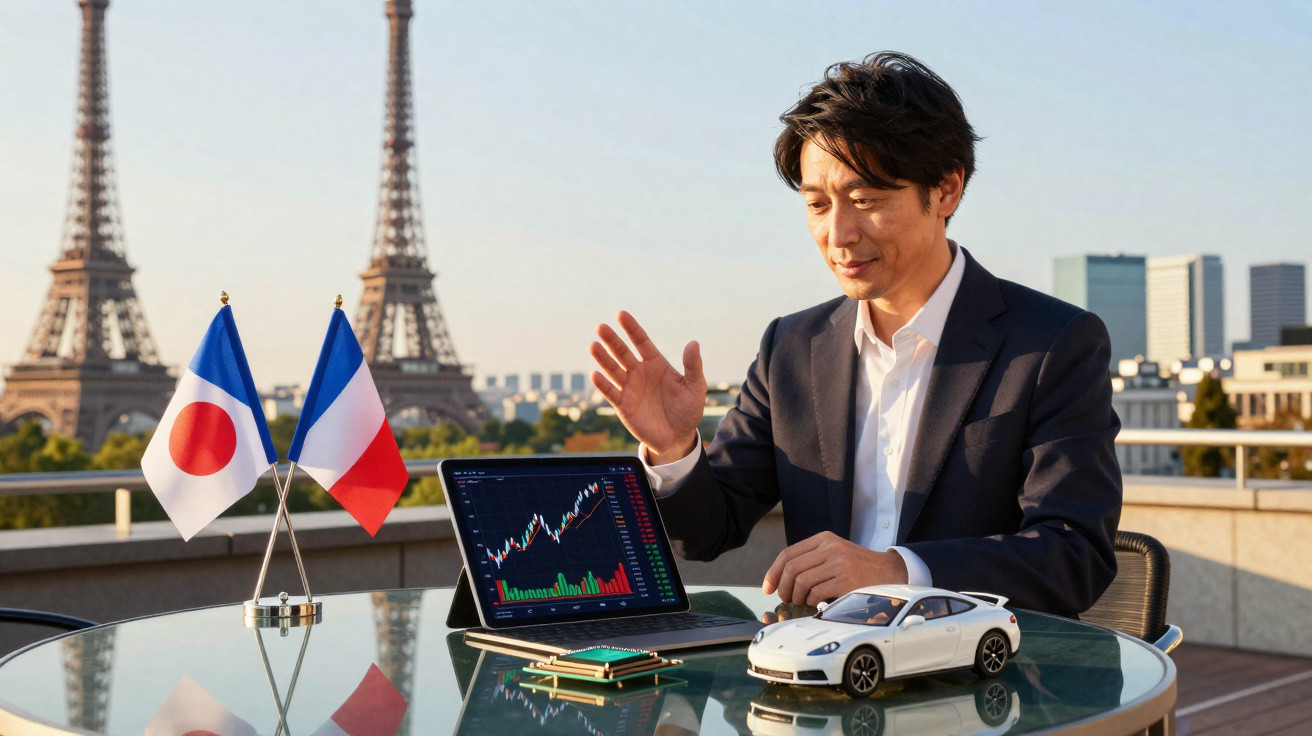 Homem de negócios com gráfico financeiro num tablet, miniatura de carro e bandeiras do Japão e França na mesa em Paris.