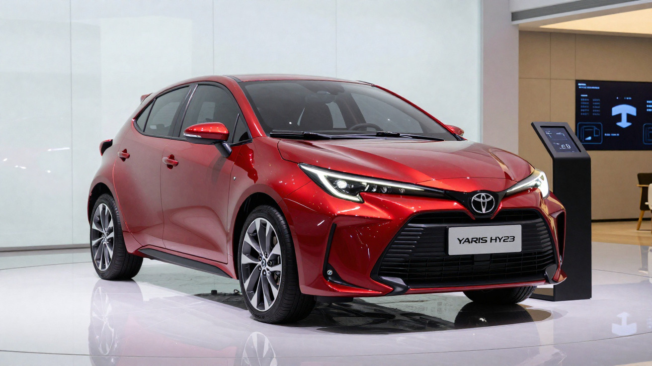 Carro vermelho Toyota Yaris HY23, modelo hatchback, apresentado em espaço interior moderno e iluminado.