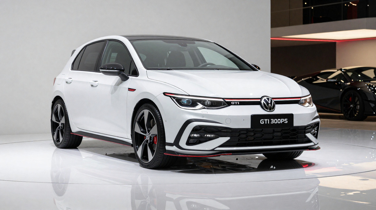 Automóvel branco Volkswagen Golf GTI 300PS estacionado em espaço interior moderno.