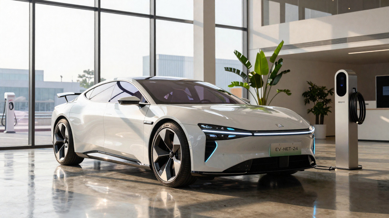 Carro elétrico branco futurista estacionado e ligado a carregador numa garagem ampla e moderna.