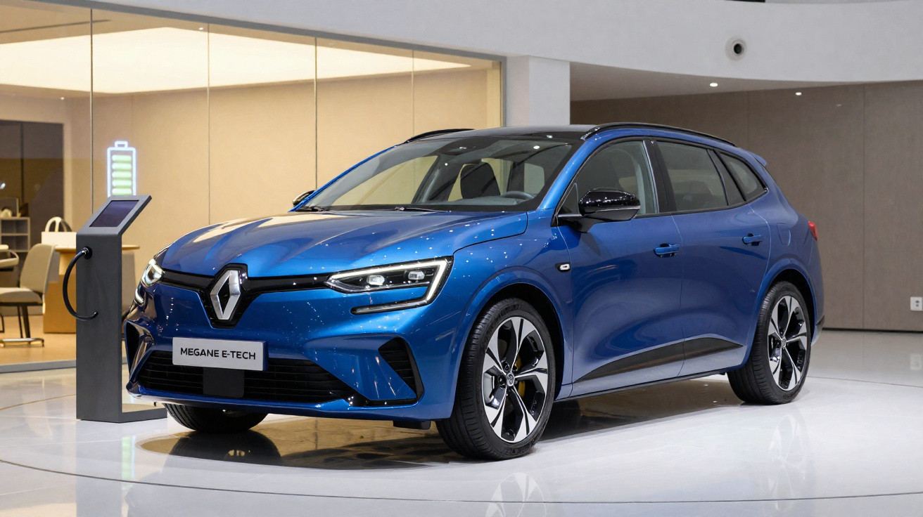 Carro elétrico azul Renault Megane E-Tech estacionado em ambiente interior moderno com suporte de carregamento à esquerda.
