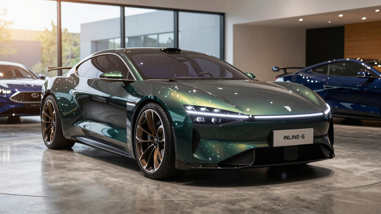 Carro desportivo verde brilhante num showroom moderno com iluminação ambiente e janelas amplas.