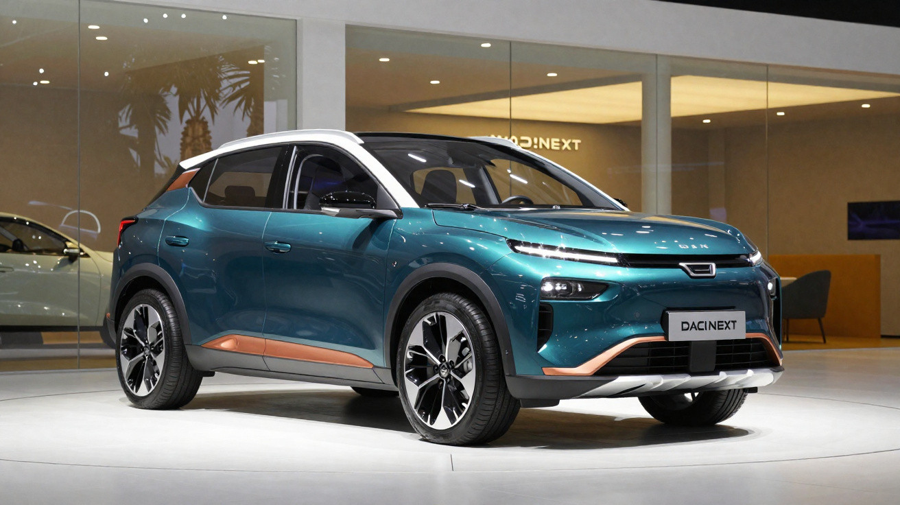 Carro SUV elétrico azul com detalhes em laranja exposto em salão automóvel moderno.