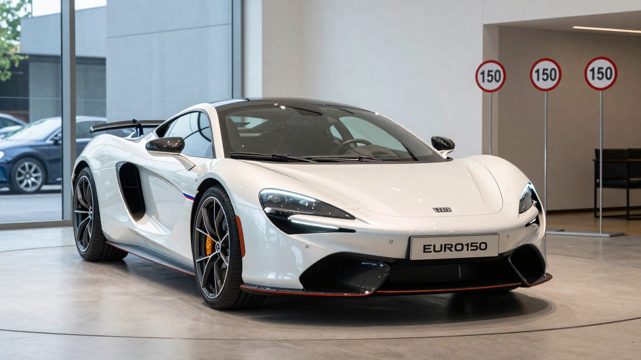 Carro desportivo branco estacionado num showroom com três sinais de limite de velocidade a 150.