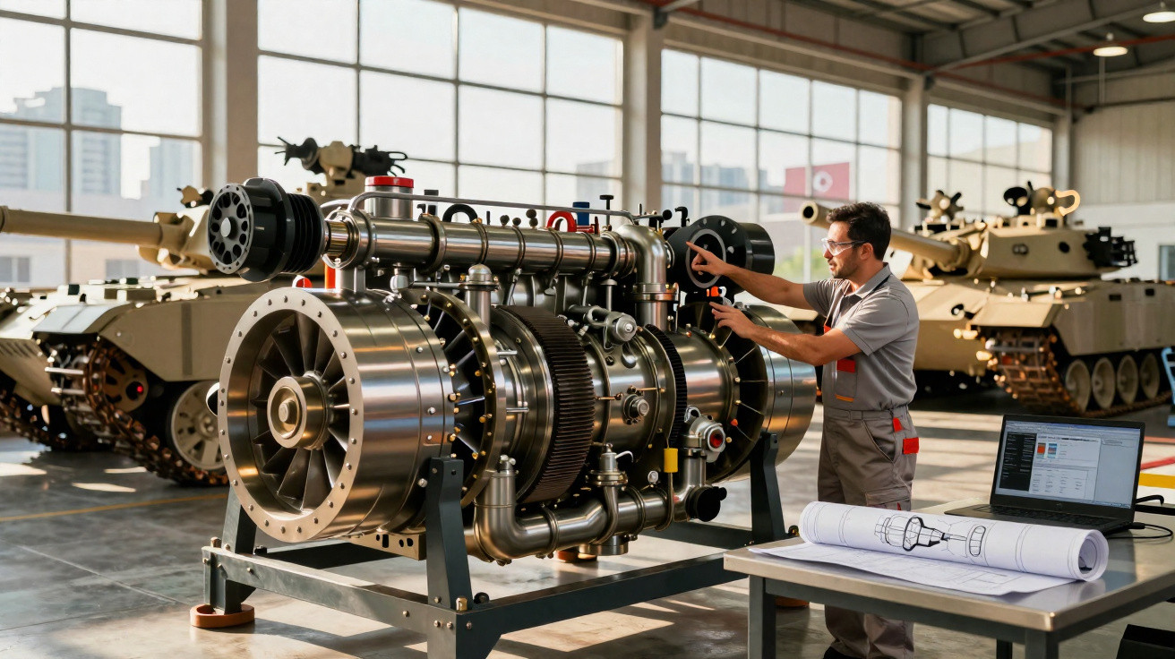 Engenheiro a ajustar componente de grande motor industrial em oficina com tanques militares ao fundo.