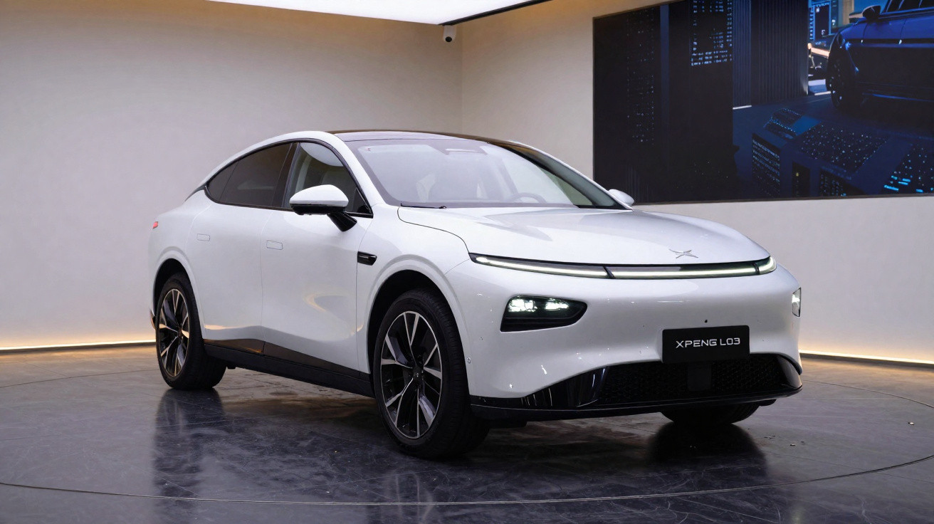 Carro elétrico branco XPeng L03 exposto em sala moderna com iluminação suave e reflexos no chão.